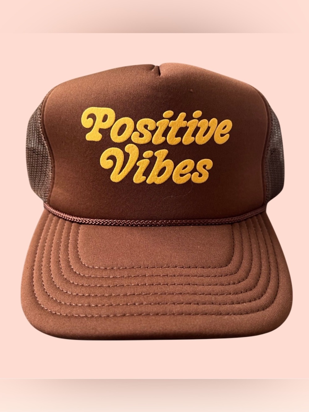 Positive Vibes Brown Trucker Hat with Yellow Lettering